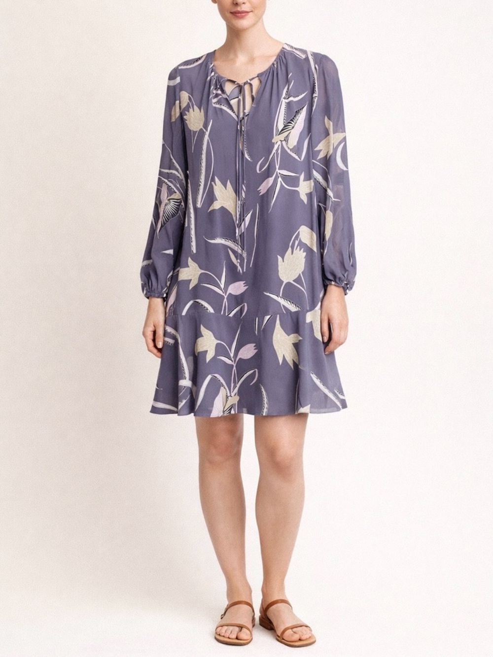Diane Von Furstenberg Silk Floral Tie Neck Dress Ruffle Hem